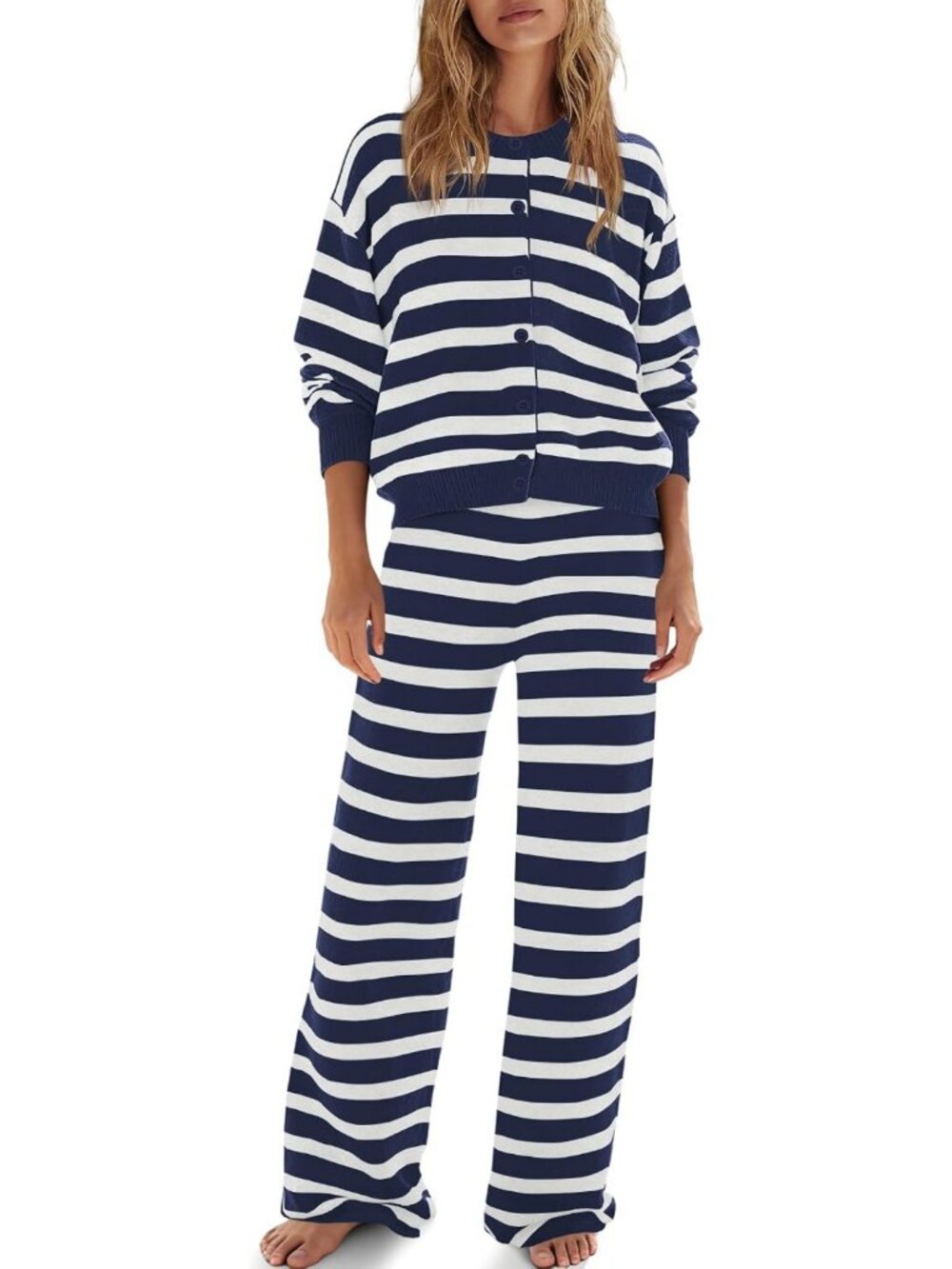Oversized Striped 2-Piece Set: Button-Up Cardigan & Wide Leg Pants with Pockets
